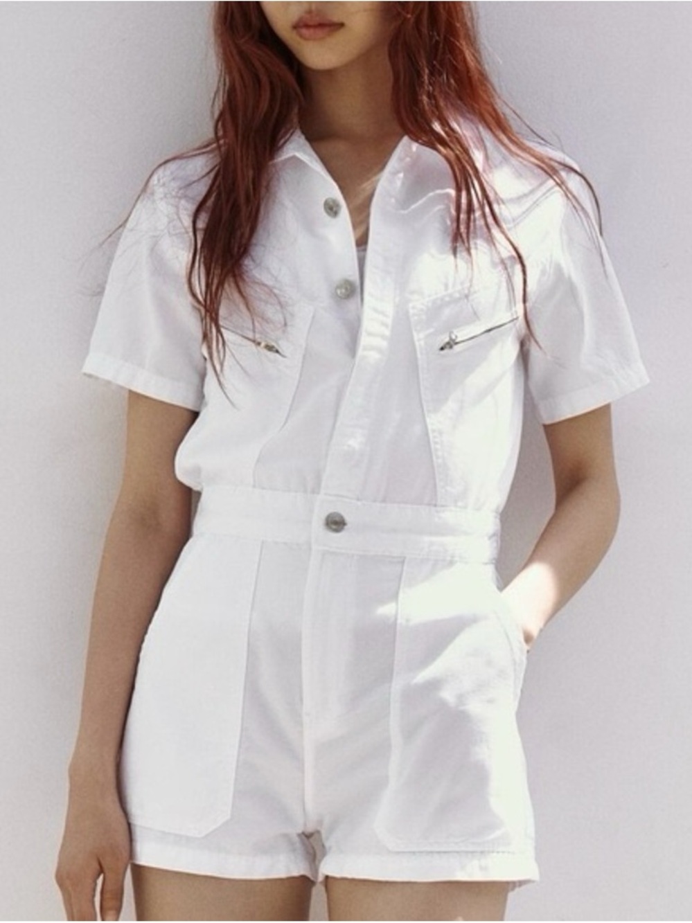 NWT NEW ZARA Short-sleeve Utility Shorts Romper Jumper Solid White Wonen’s XL